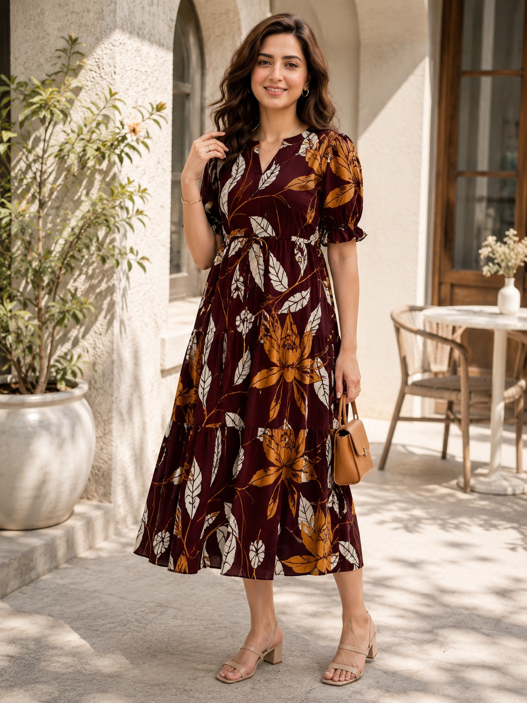 Maroon Chanderi Floral Printed Dress for Women | Claura