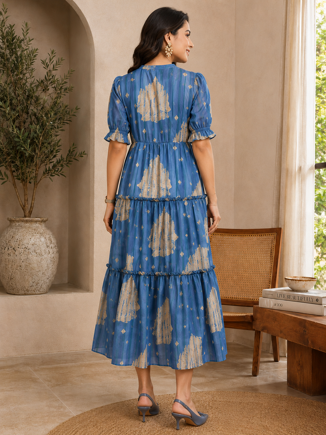 Blue Floral Printed Premium Chanderi Mandarin Collar Dress for Women | Claura