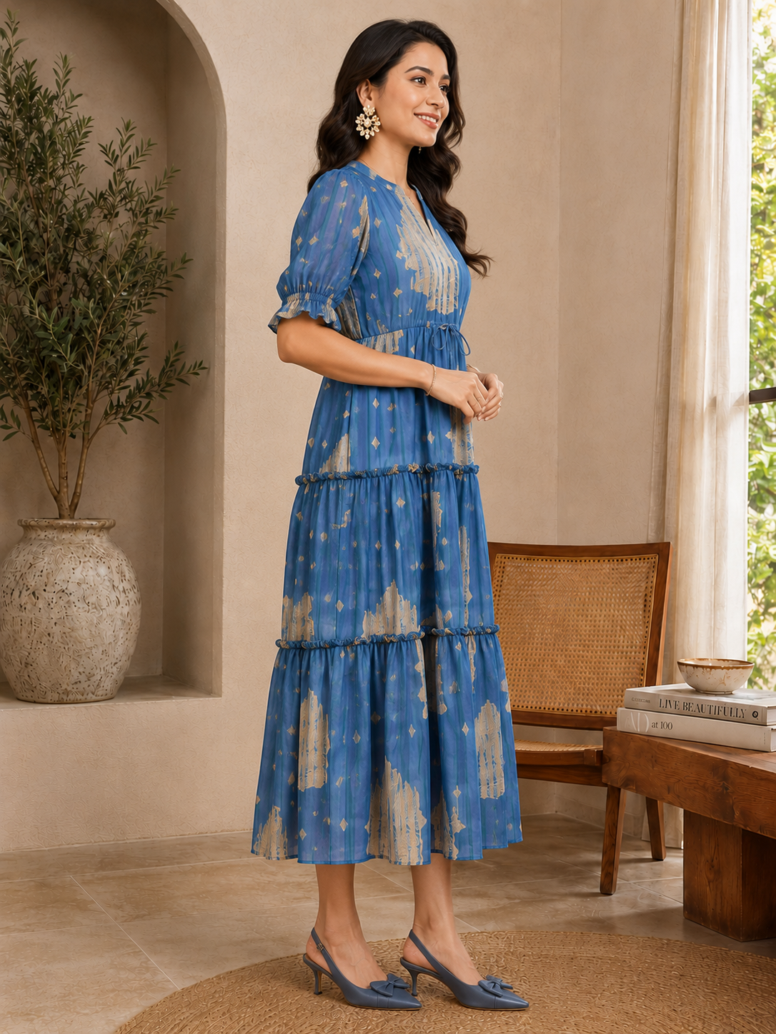 Blue Floral Printed Premium Chanderi Mandarin Collar Dress for Women | Claura