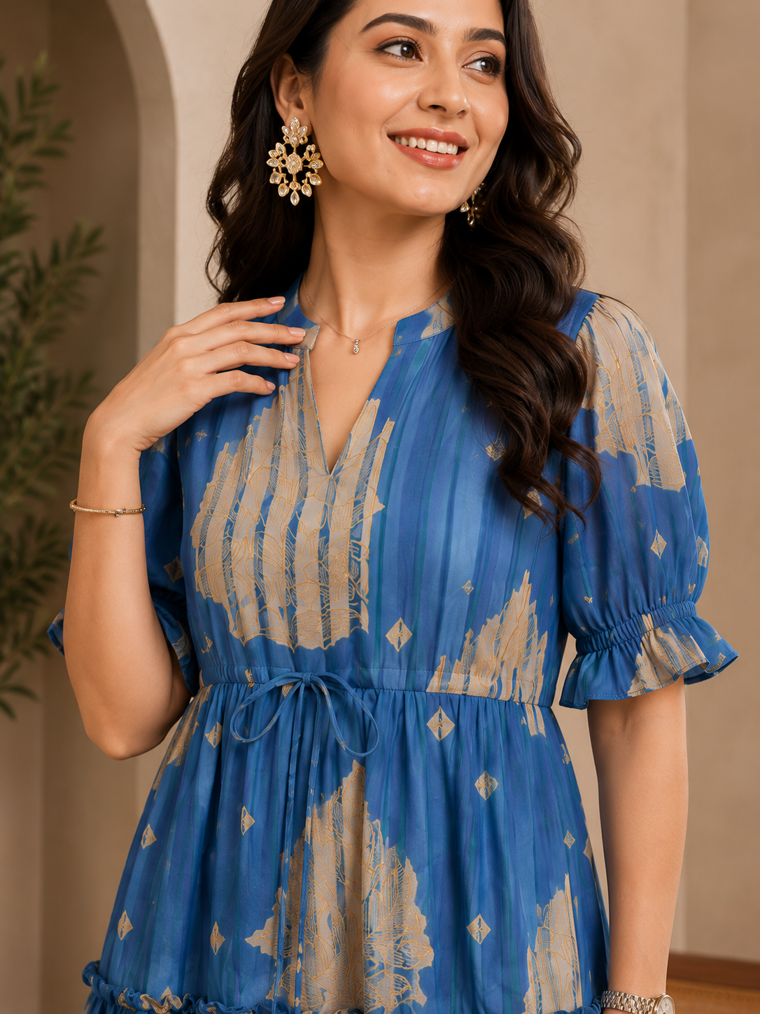 Blue Floral Printed Premium Chanderi Mandarin Collar Dress for Women | Claura