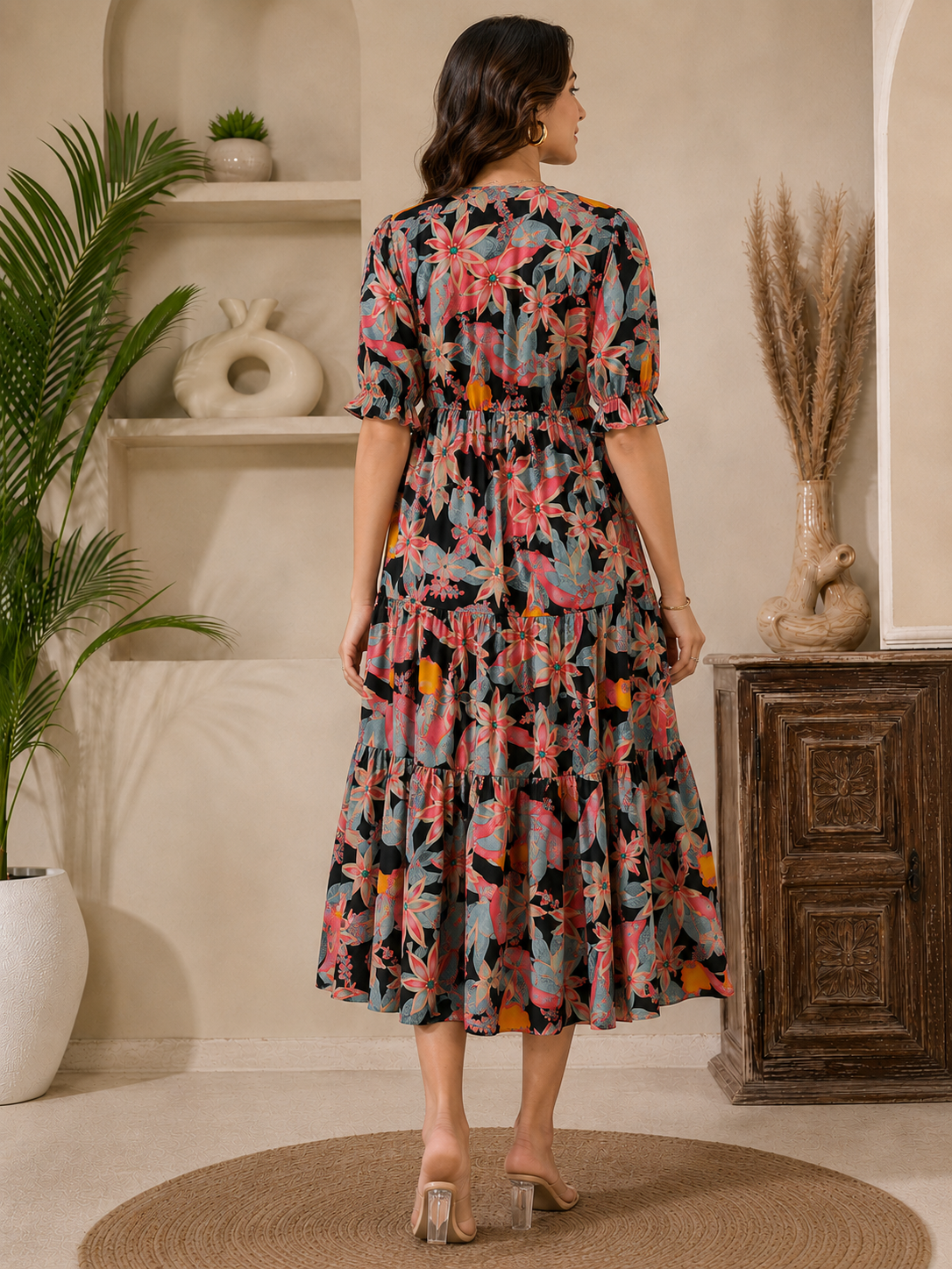 Black Chanderi Floral Dress | Claura