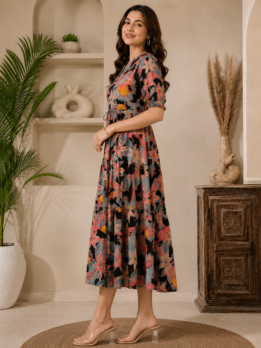 Black Chanderi Floral Dress | Claura