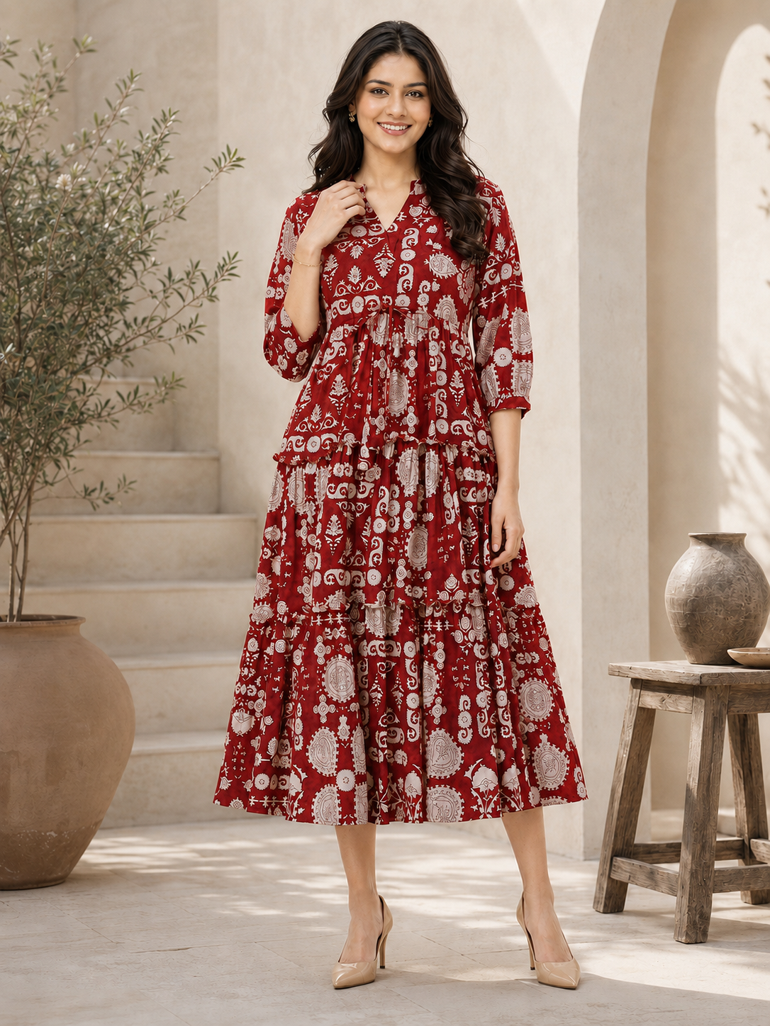Maroon Chanderi Silk Floral Printed Dress for Women | Claura