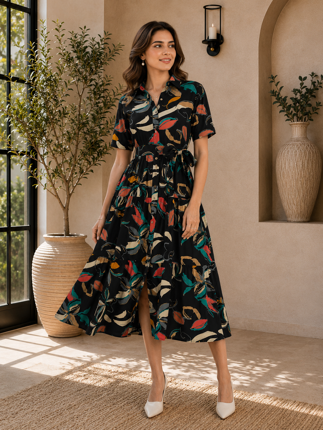 Black Floral Printed Chanderi Silk Dress for Women | Claura