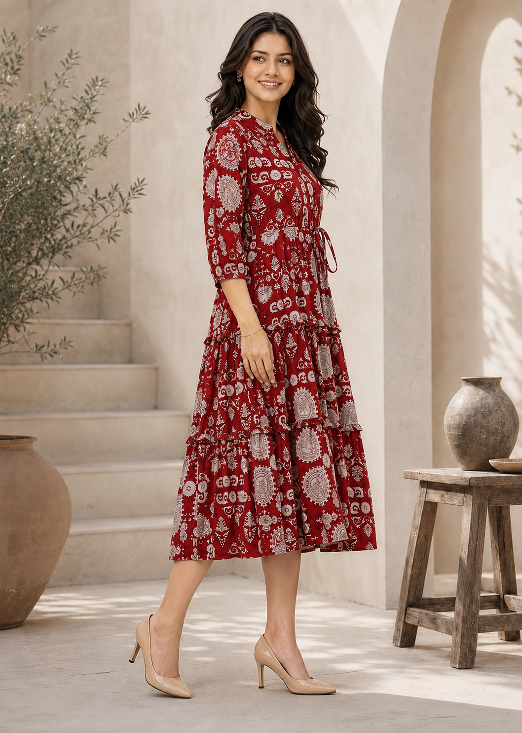 Maroon Chanderi Silk Floral Printed Dress for Women | Claura