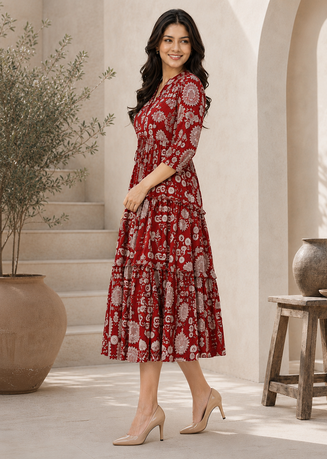Maroon Chanderi Silk Floral Printed Dress for Women | Claura