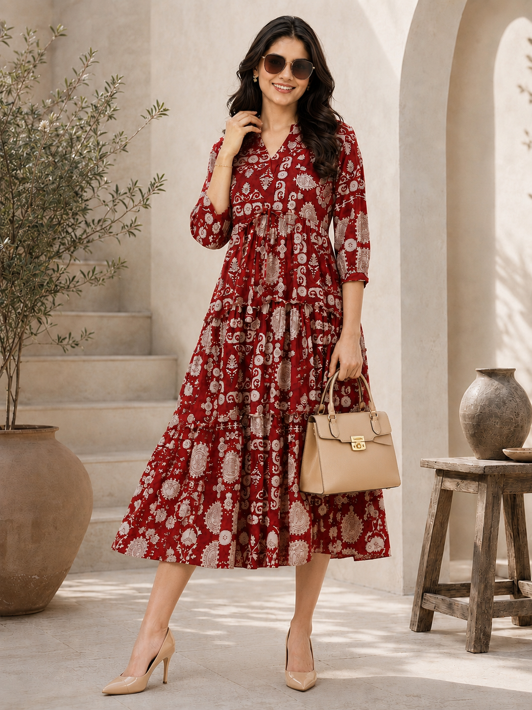 Maroon Chanderi Silk Floral Printed Dress for Women | Claura