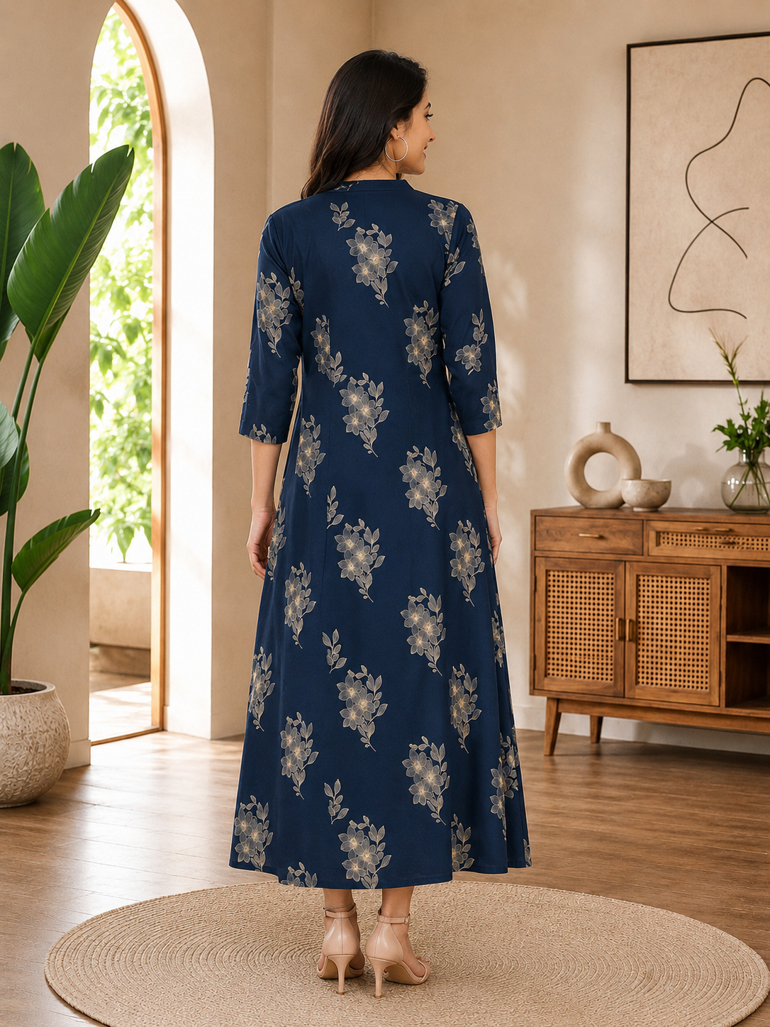Navy blue Cotton Floral Printed Dress for Women | Claura