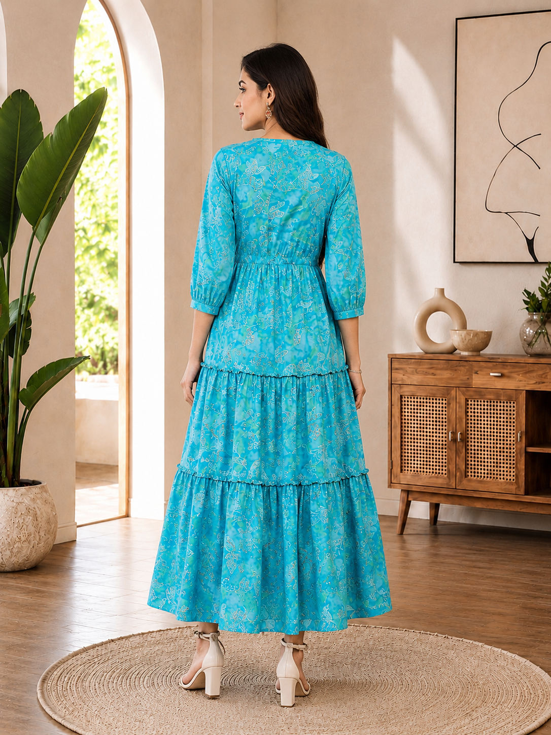 Blue Floral Printed Premium Chanderi V-Neck Dress for Women | Claura