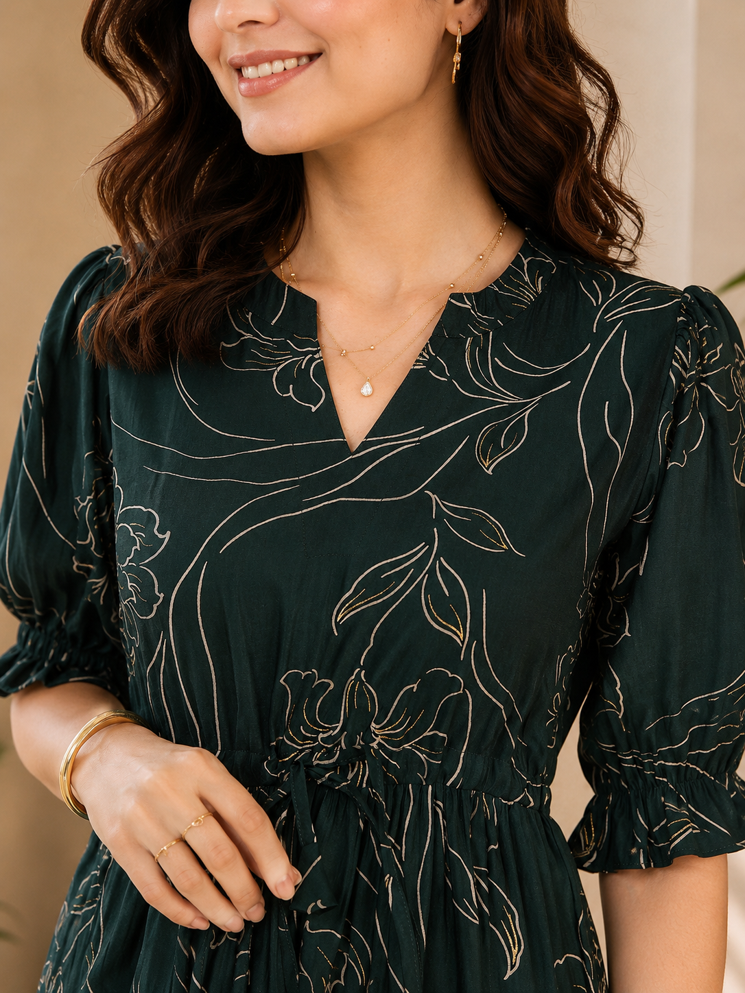 Green Floral Printed Premium Chanderi V-Neck Dress for Women | Claura
