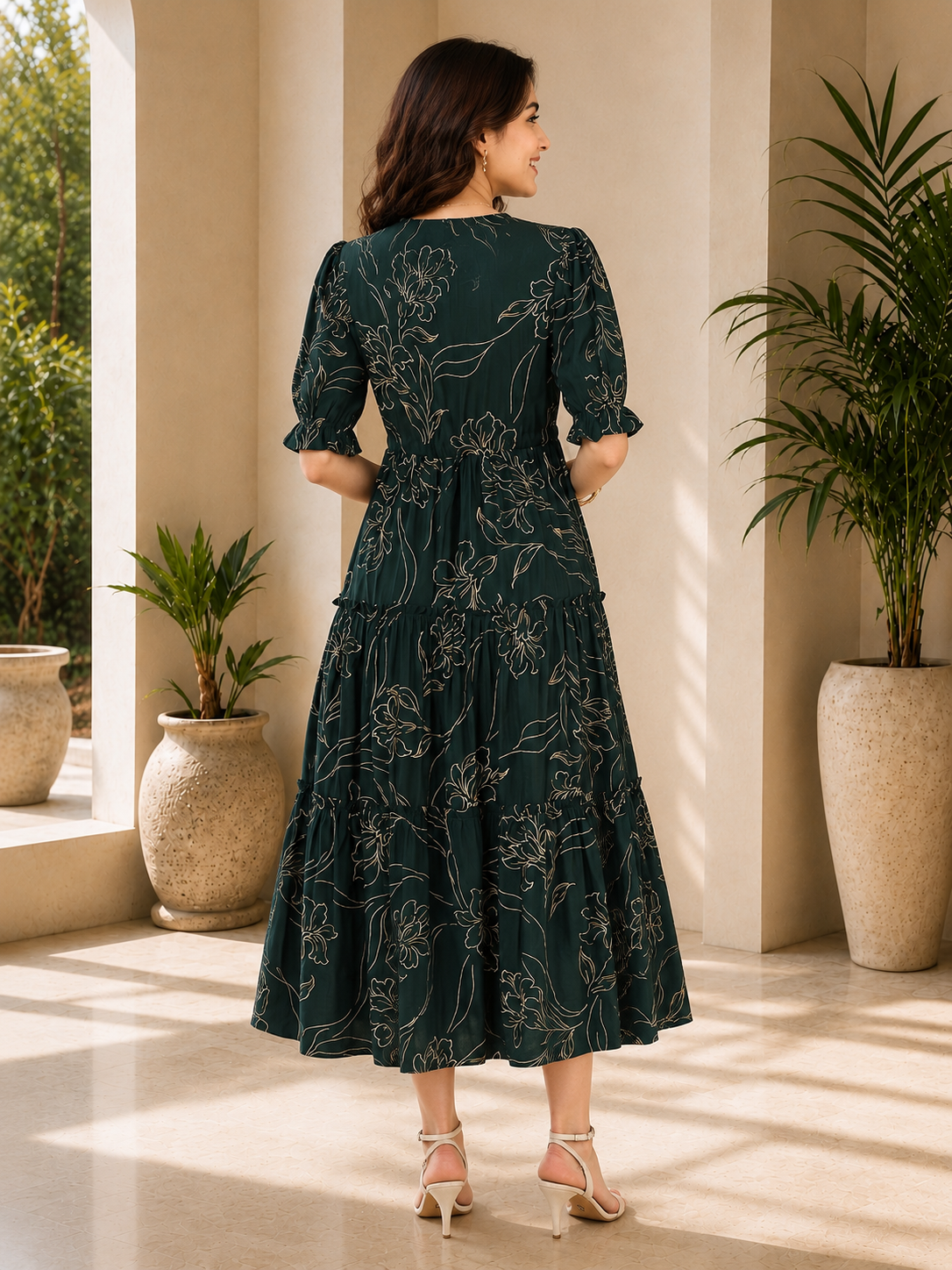 Green Floral Printed Premium Chanderi V-Neck Dress for Women | Claura