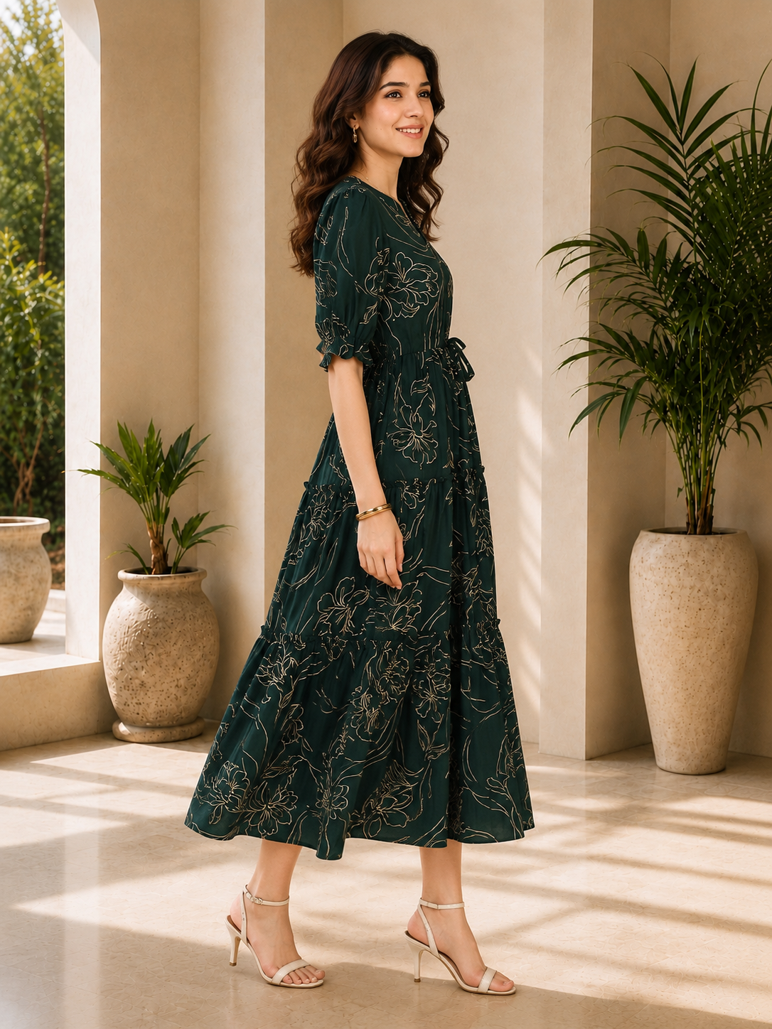 Green Floral Printed Premium Chanderi V-Neck Dress for Women | Claura