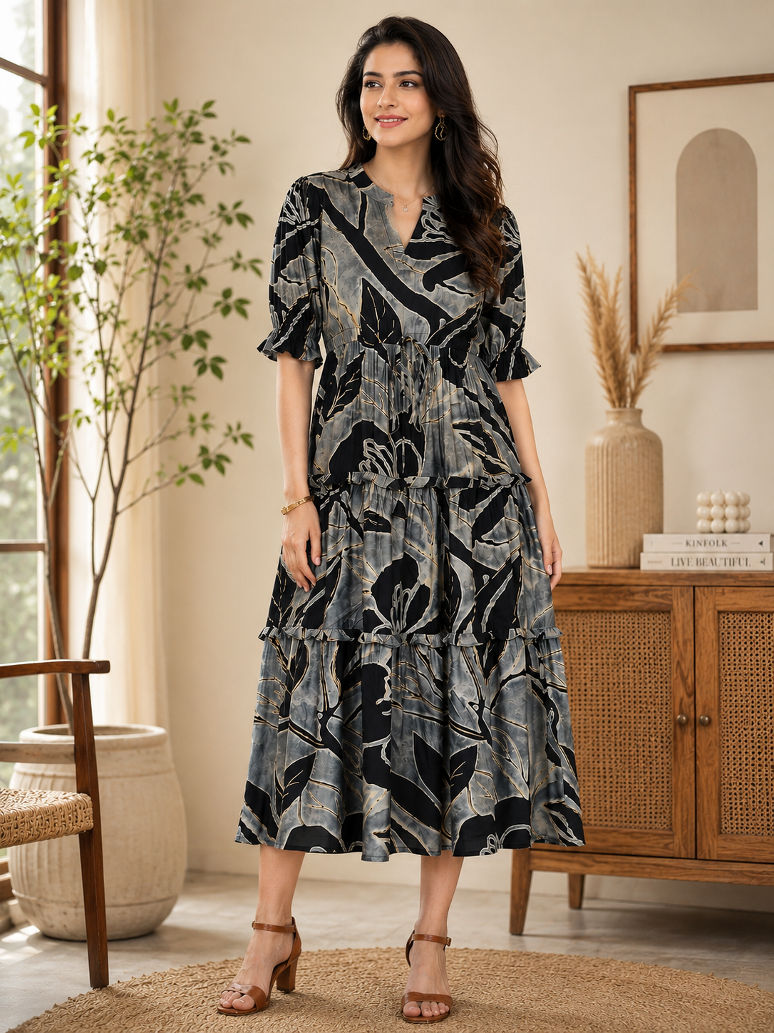 Black Abstract Chanderi Dress | Claura