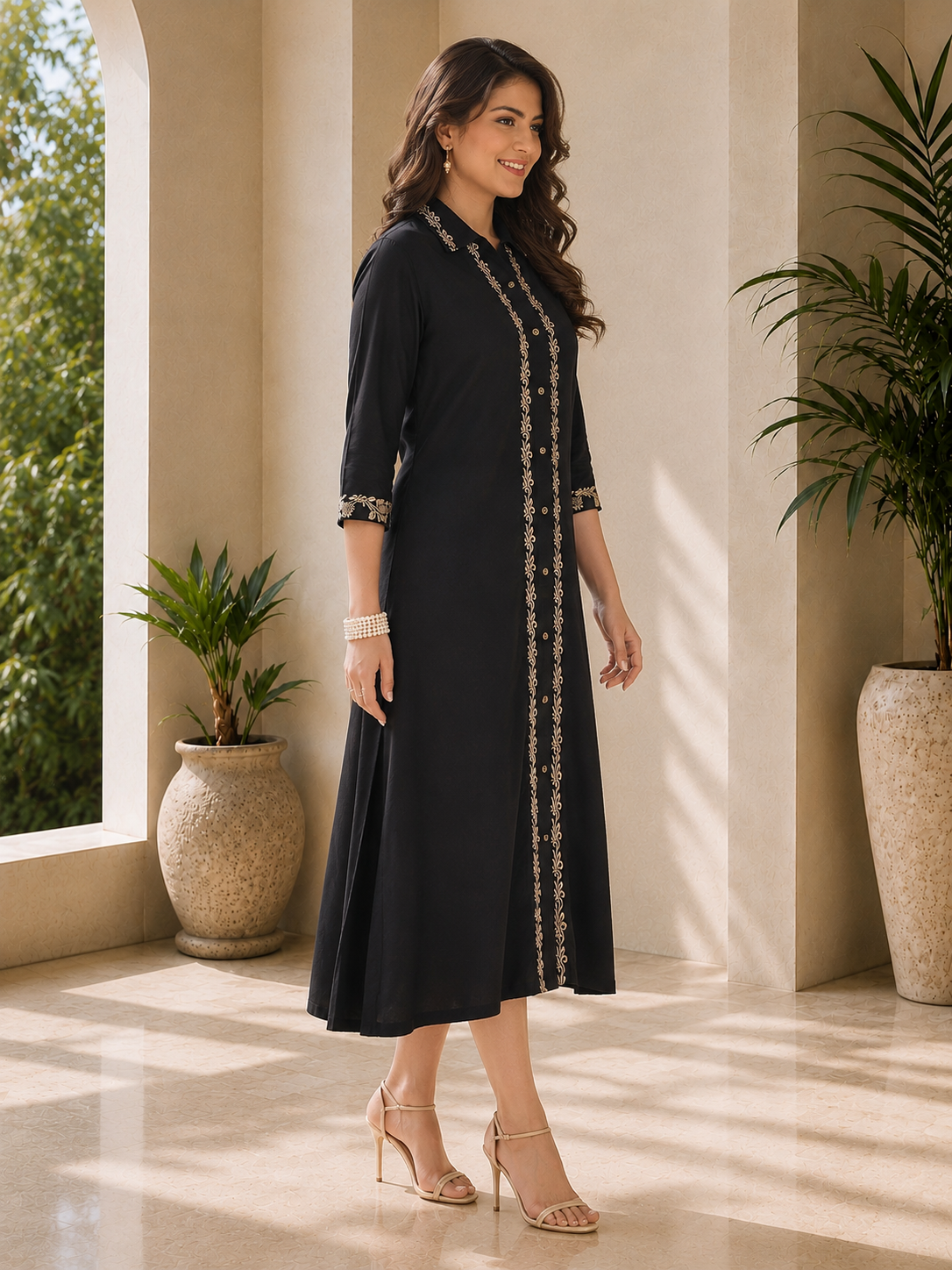 Black Viscose Rayon Embroidered Printed Dress for Women | Claura