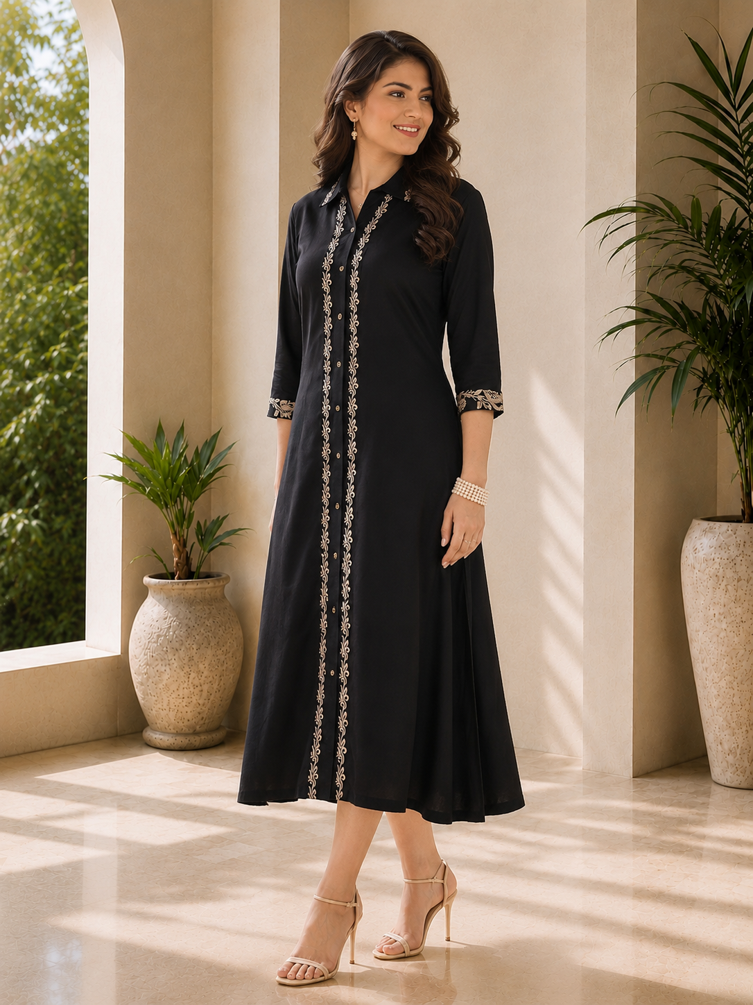Black Viscose Rayon Embroidered Printed Dress for Women | Claura