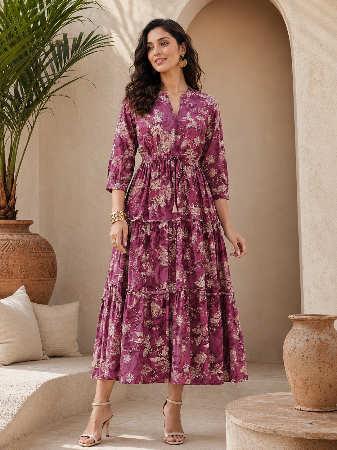 Purple Floral Printed Chanderi Silk Bell-Sleeve Dress for Women | Claura