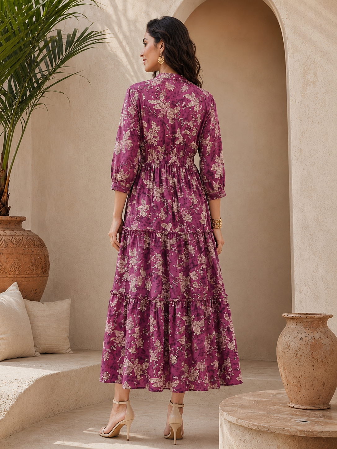 Purple Floral Printed Chanderi Silk Bell-Sleeve Dress for Women | Claura