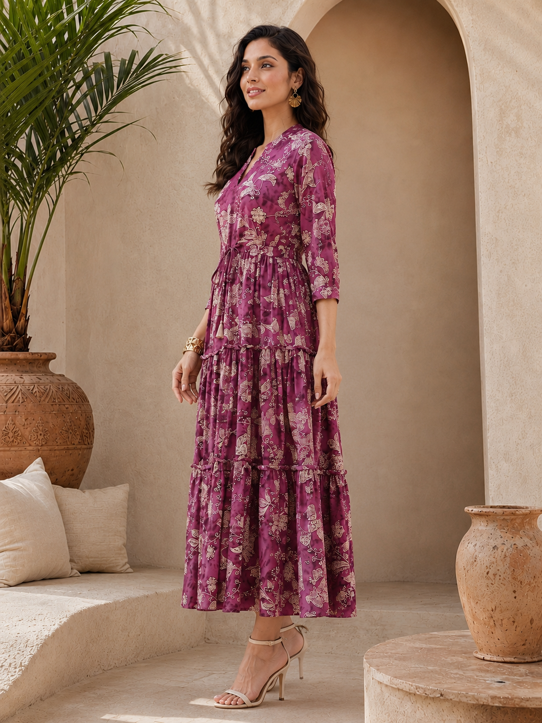 Purple Floral Printed Chanderi Silk Bell-Sleeve Dress for Women | Claura