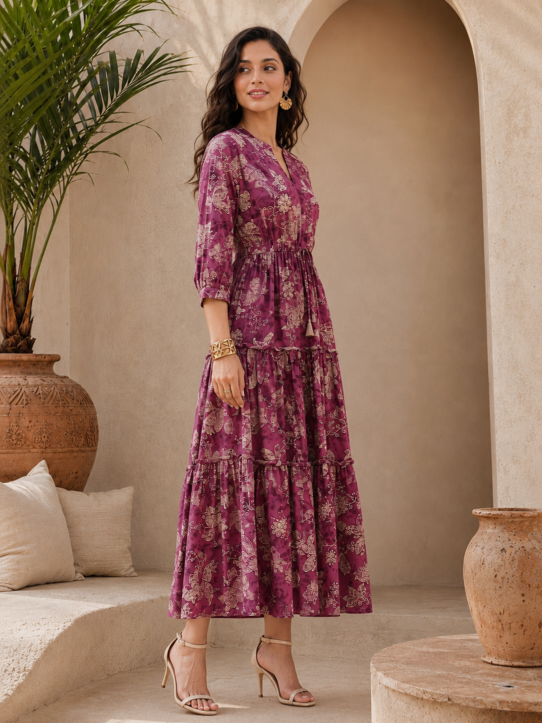 Purple Floral Printed Chanderi Silk Bell-Sleeve Dress for Women | Claura