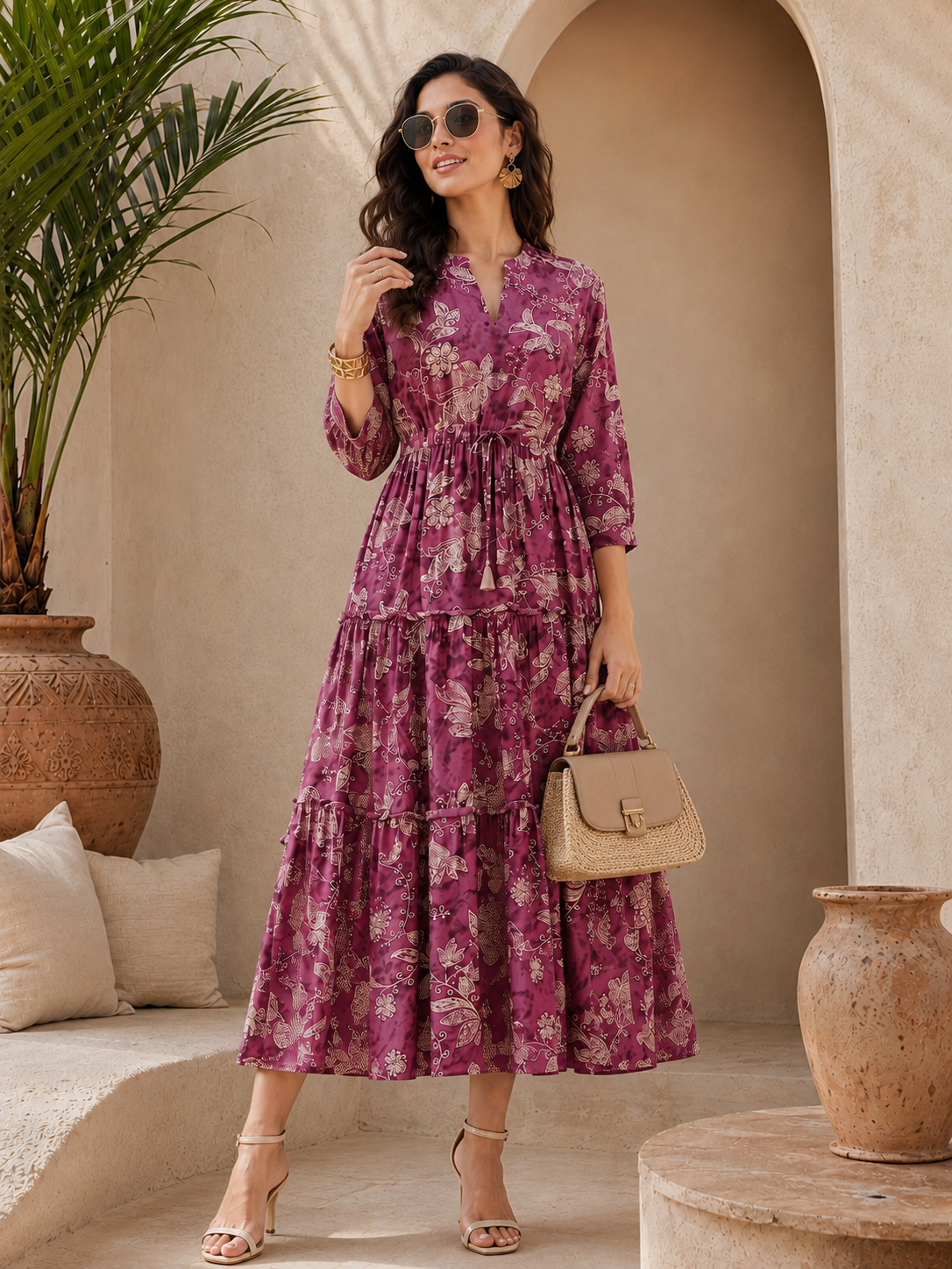 Purple Floral Printed Chanderi Silk Bell-Sleeve Dress for Women | Claura