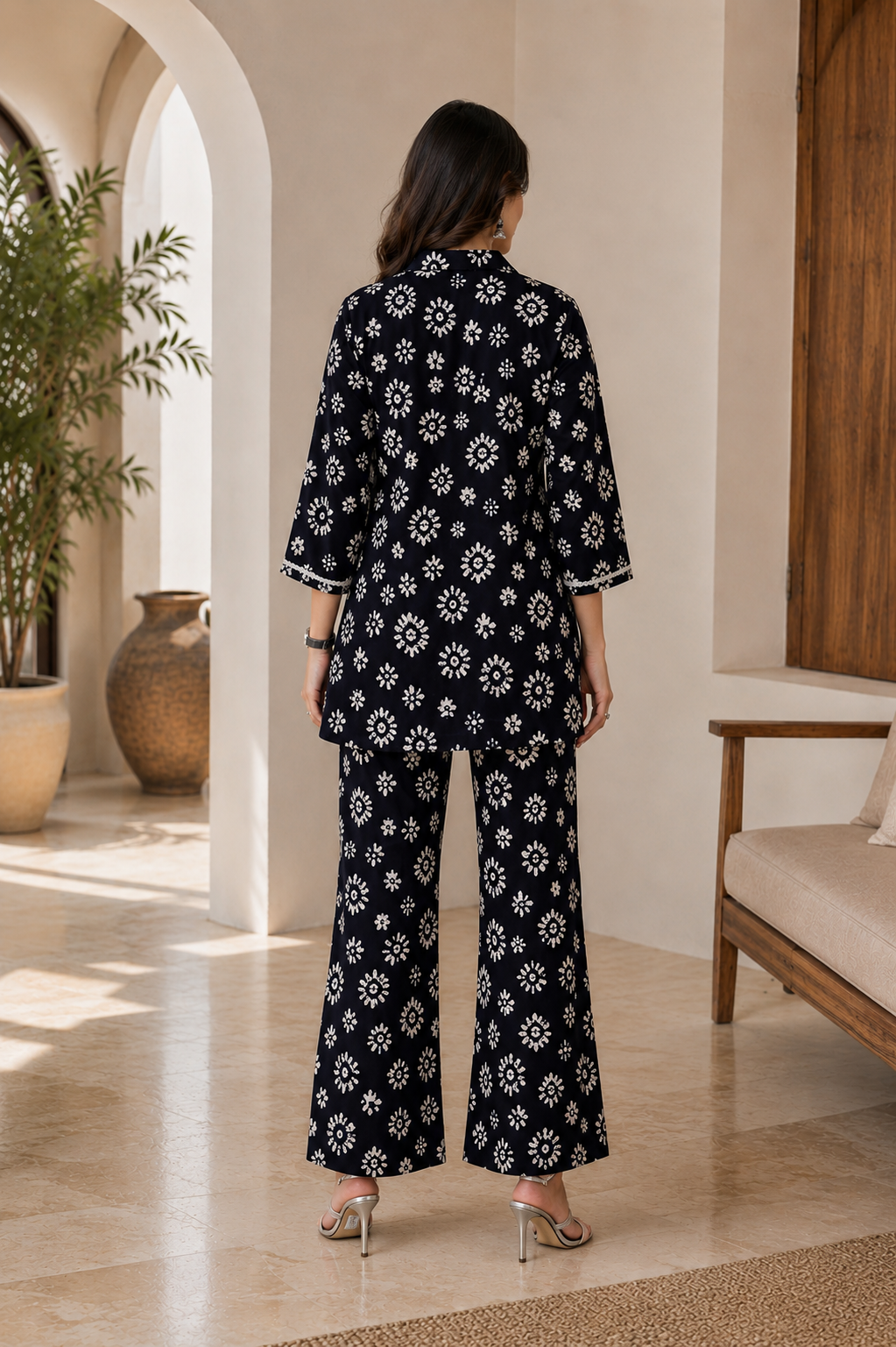 Navy Blue Floral Printed Chanderi Silk Co-Ord Women