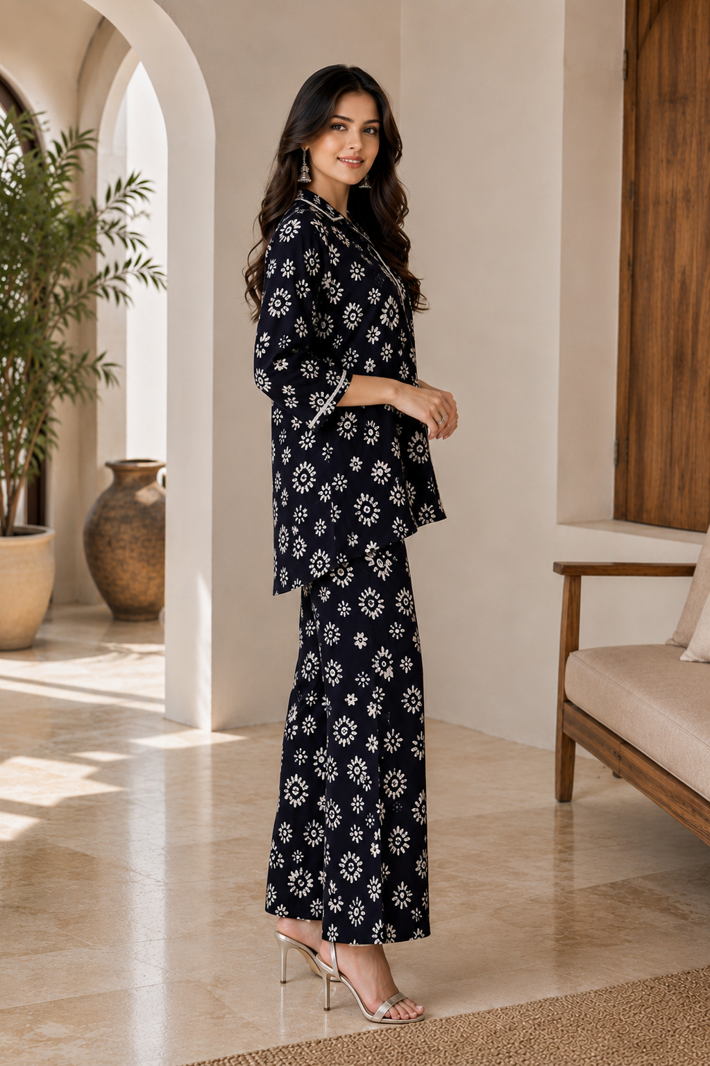Navy Blue Floral Printed Chanderi Silk Co-Ord Women