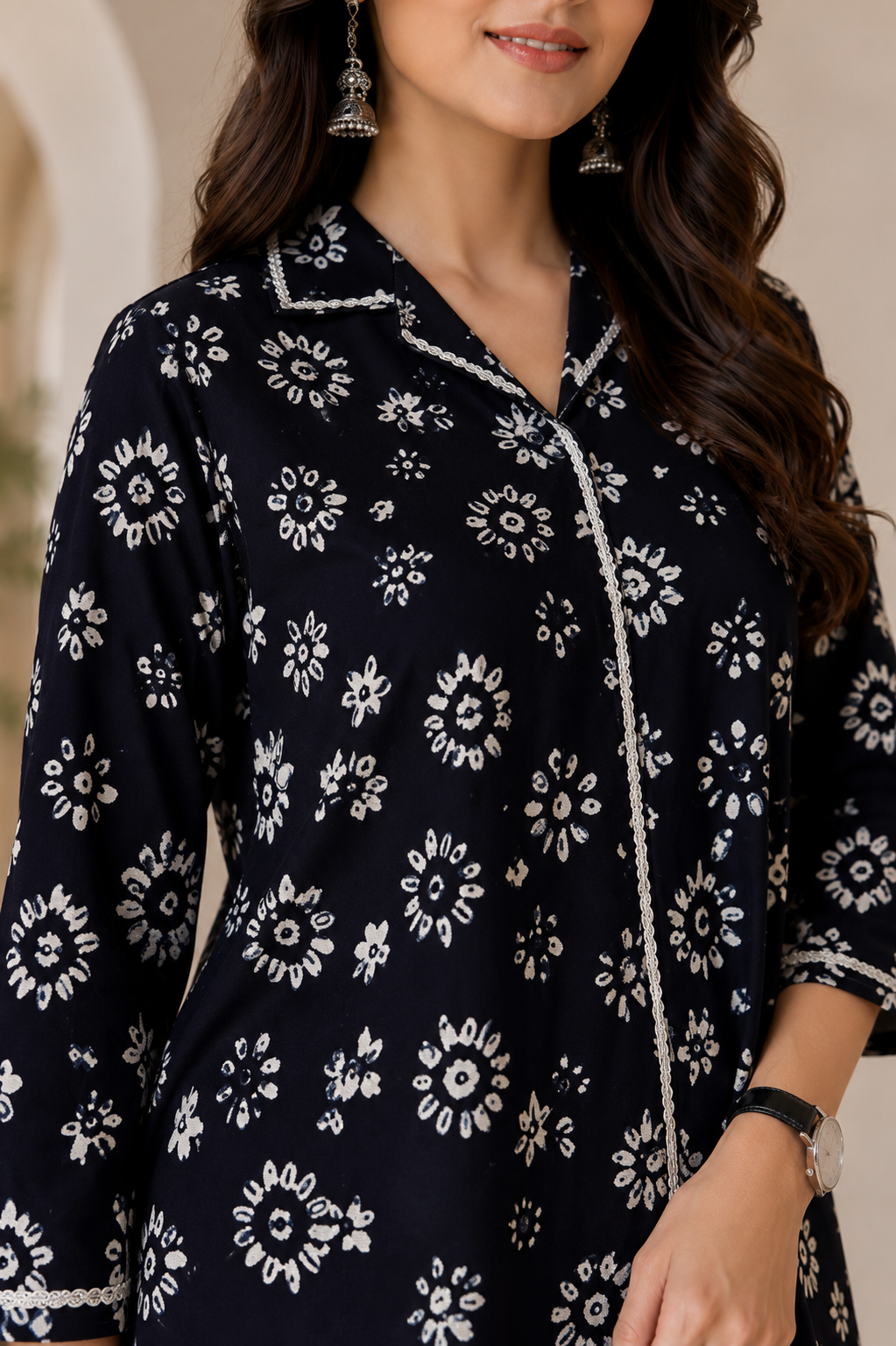 Navy Blue Floral Printed Chanderi Silk Co-Ord Women
