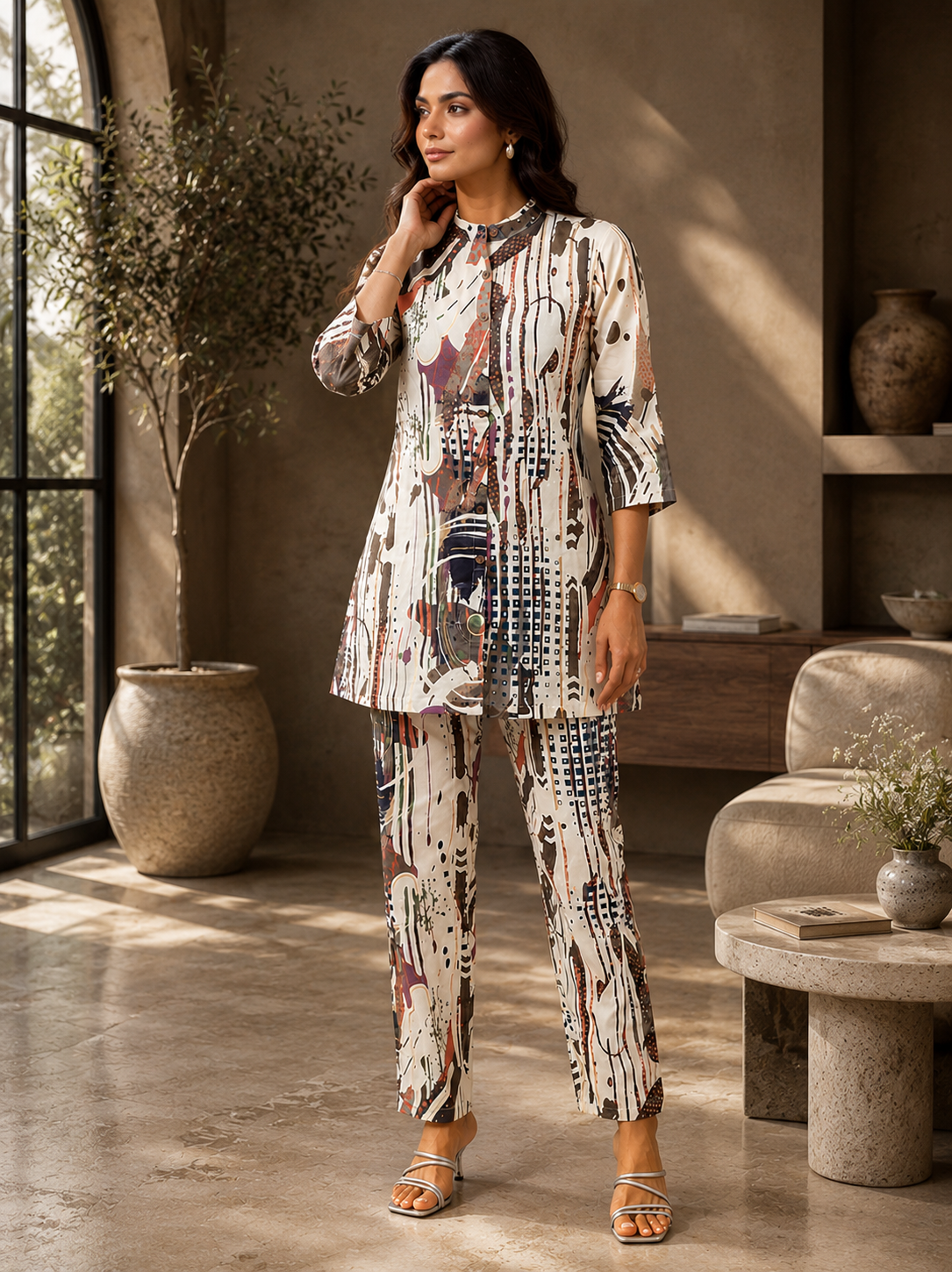 Beige Color Abstract Printed Cotton Co-ord Set