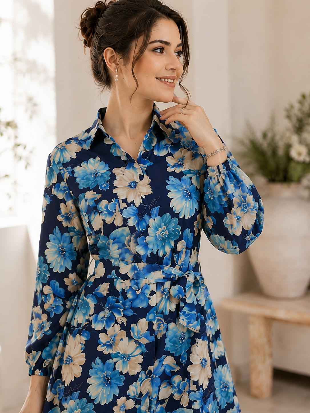 Blue Floral Printed Cotton Everyday Dress for Women | Claura