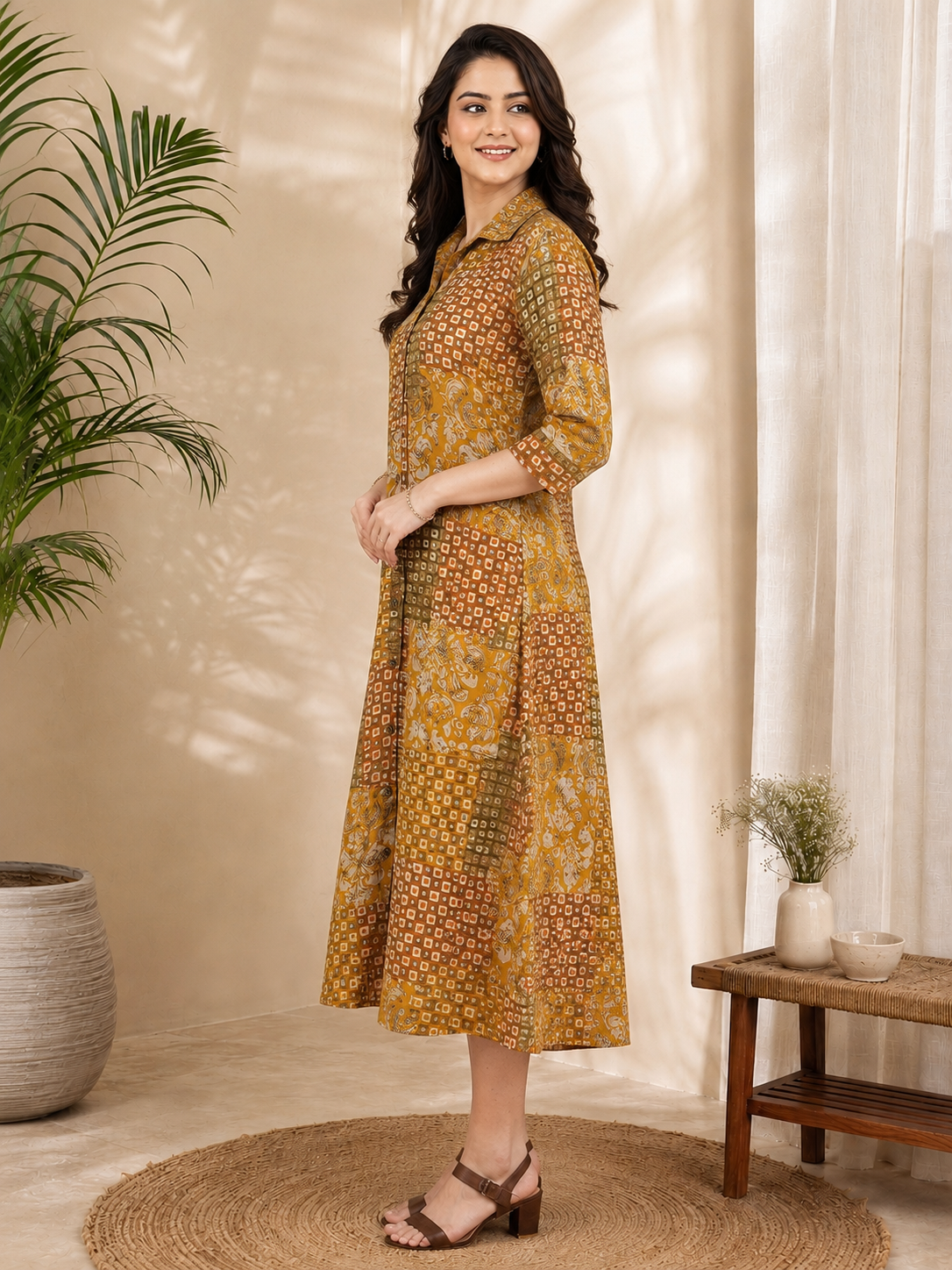 Mustard Chanderi Abstract Printed Dress for Women | Claura