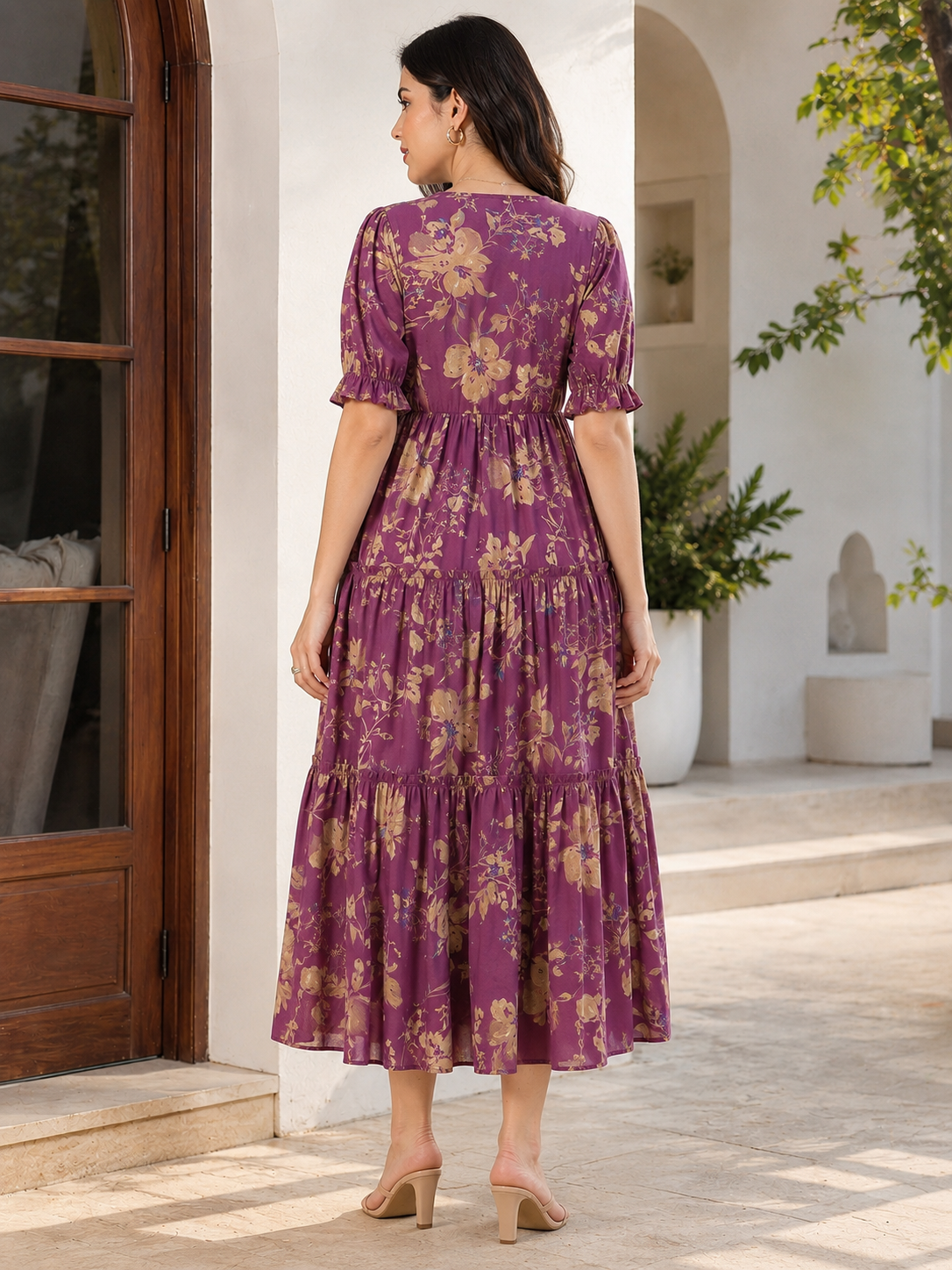 Mauve Floral Printed Chanderi Silk Dress for Women | Claura