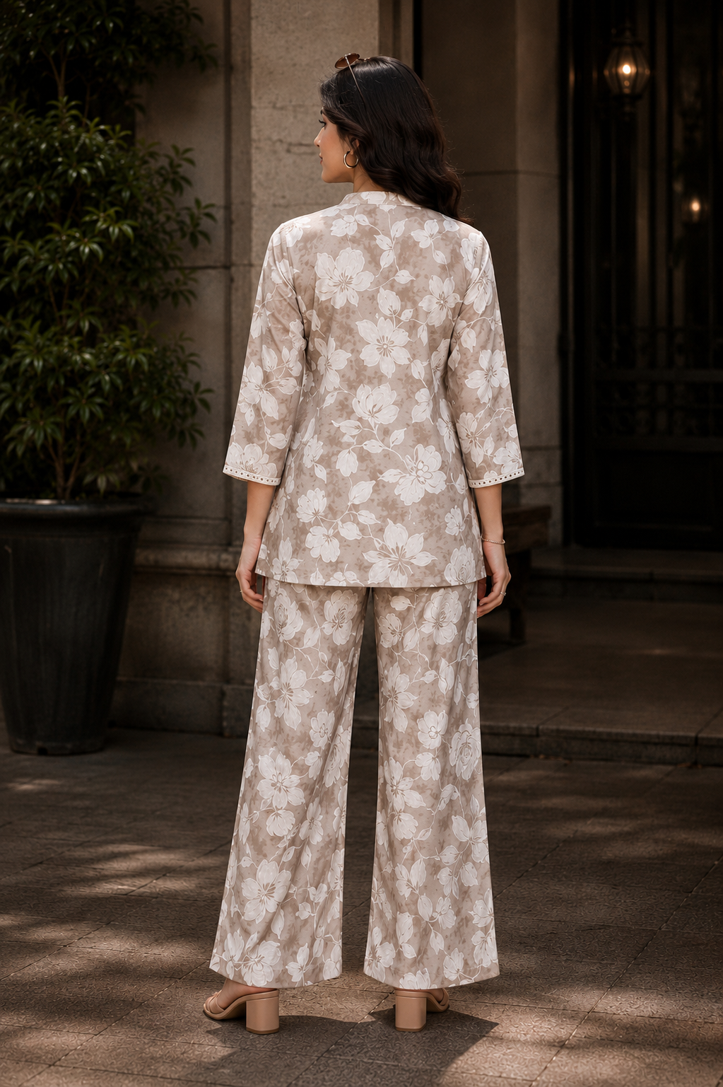 Cream Floral Chanderi Silk Tunic Co-Ord Set for Women