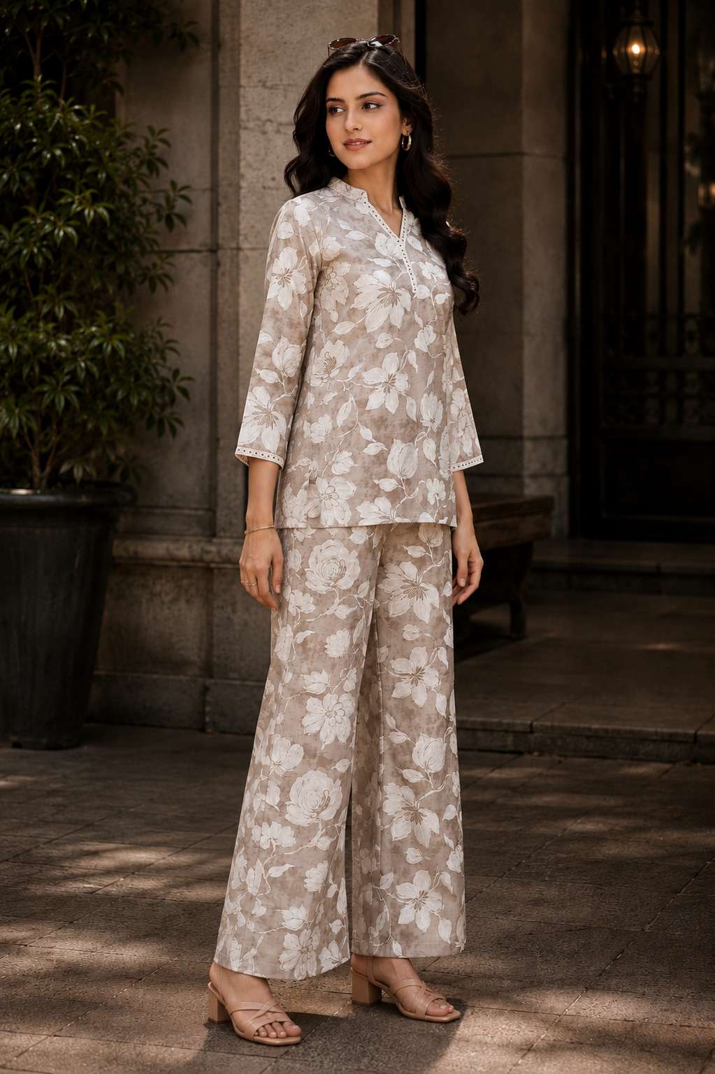 Cream Floral Chanderi Silk Tunic Co-Ord Set for Women