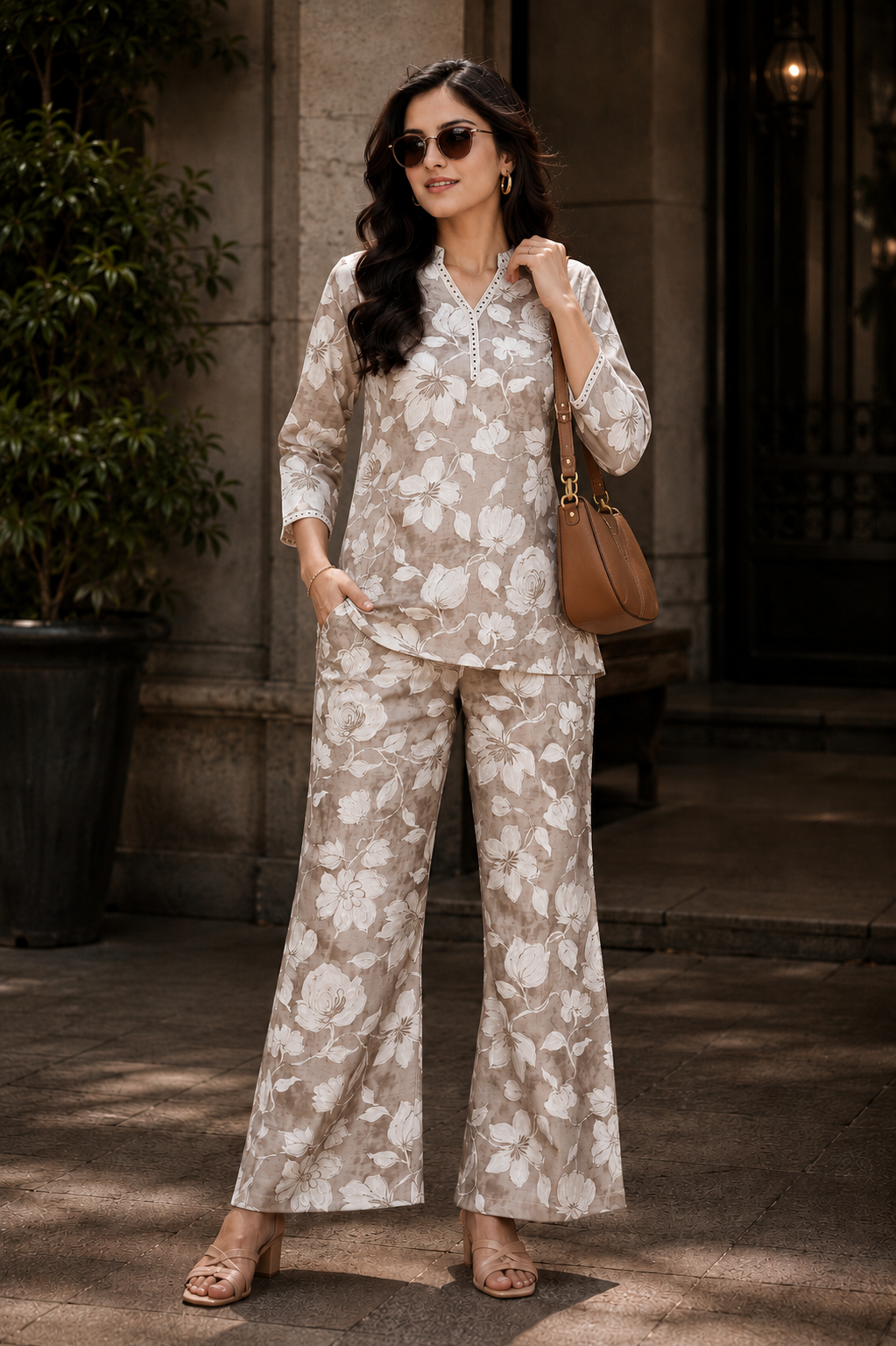 Cream Floral Chanderi Silk Tunic Co-Ord Set for Women