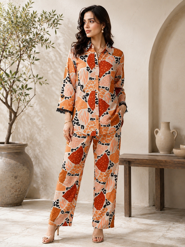 Brown Abstract Viscose Rayon Casual Co-ords Set For Women