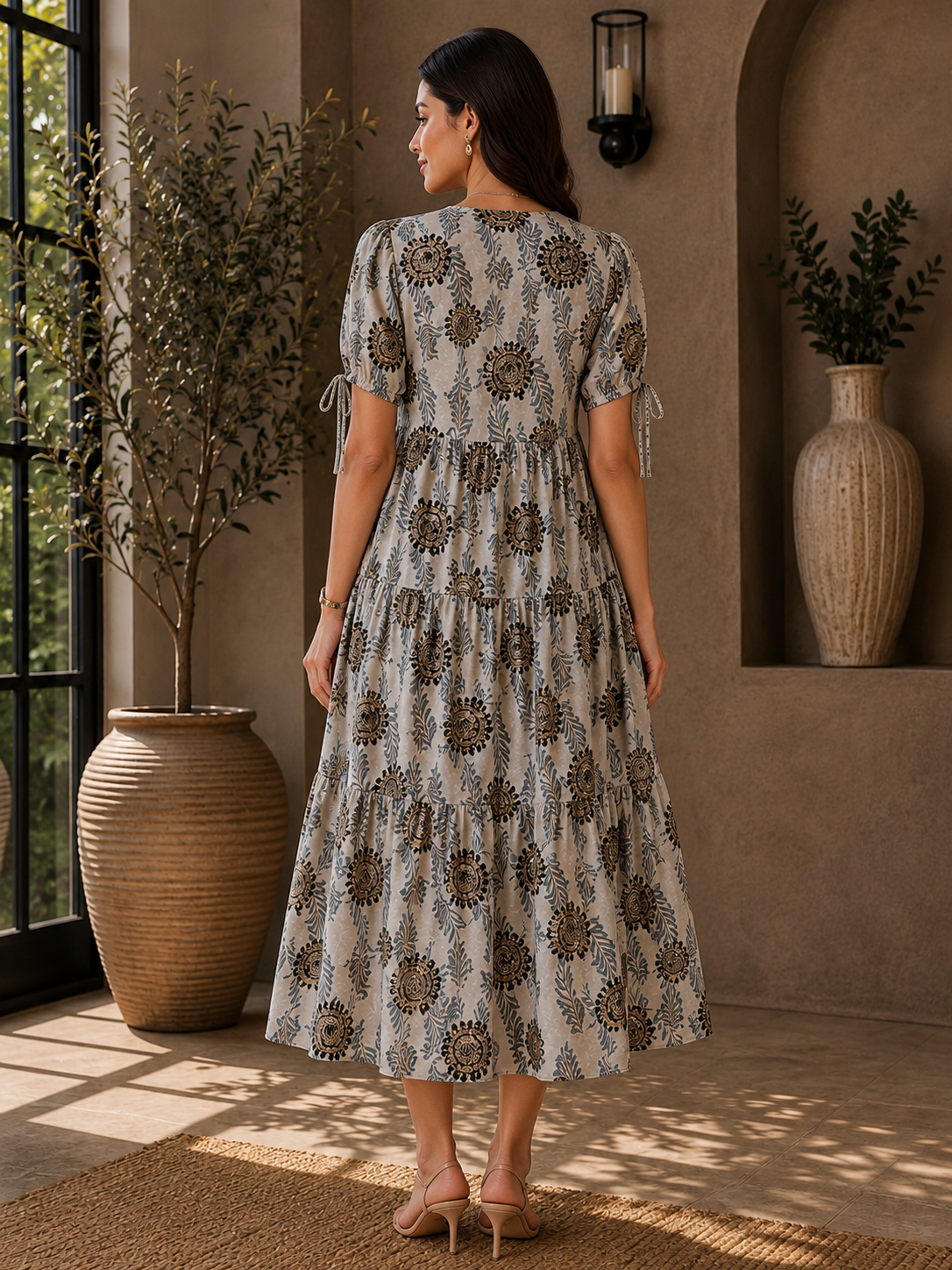 Grey Floral Printed Premium Chanderi Dress for Women | Claura