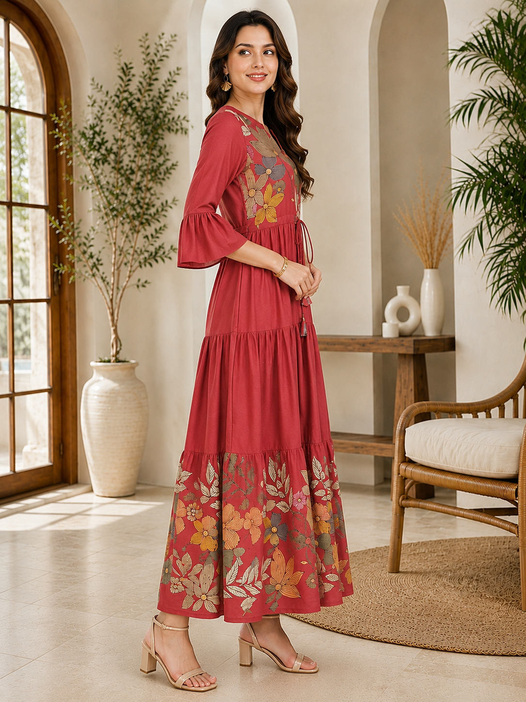Pink Viscose Rayon Floral Printed Dress for Women | Claura