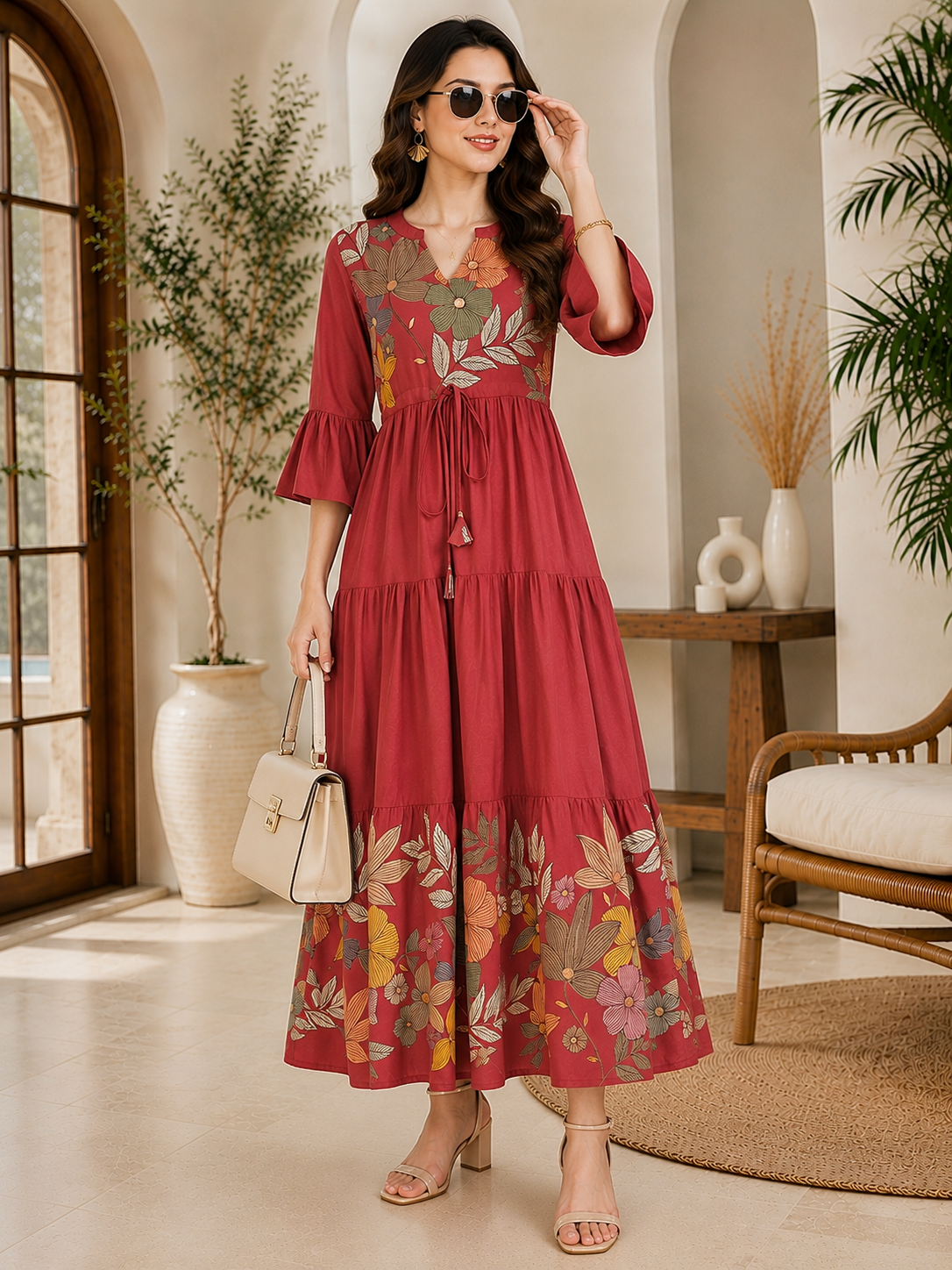 Pink Viscose Rayon Floral Printed Dress for Women | Claura