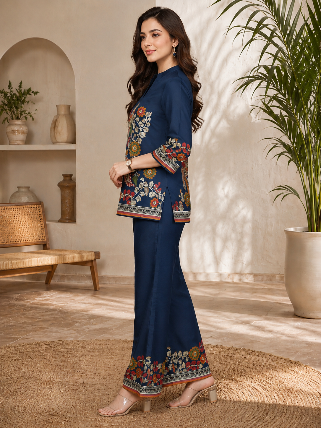 Navy Blue Bohemian Bird & Floral Printed Silk Tunic with Printed Palazzos | Claura