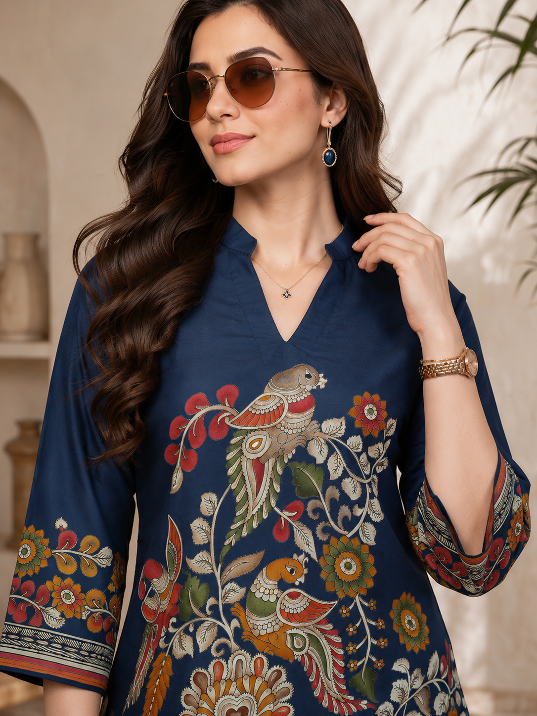 Navy Blue Bohemian Bird & Floral Printed Silk Tunic with Printed Palazzos | Claura