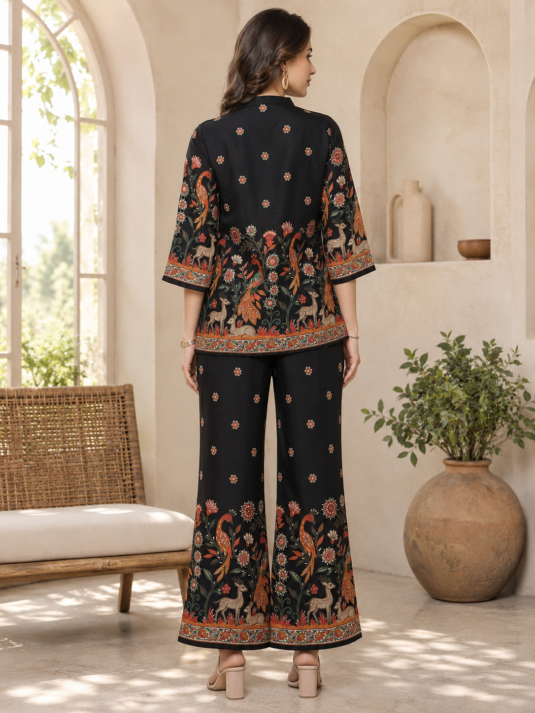Black Peacock Printed Tunic with Printed Palazzos | Claura
