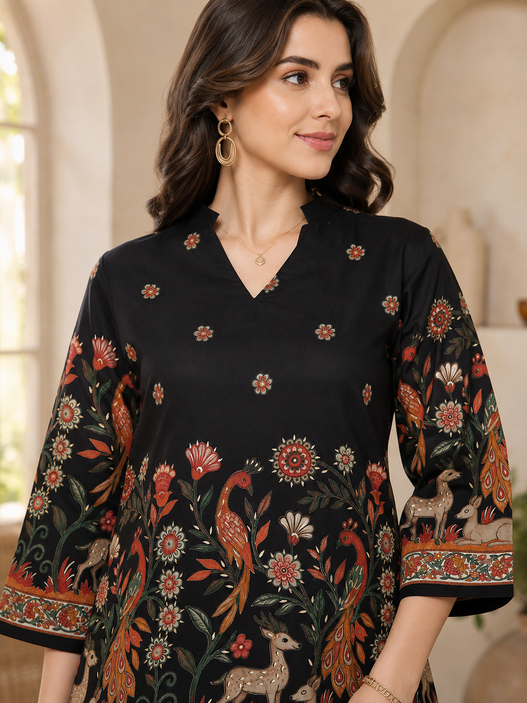 Black Peacock Printed Tunic with Printed Palazzos | Claura