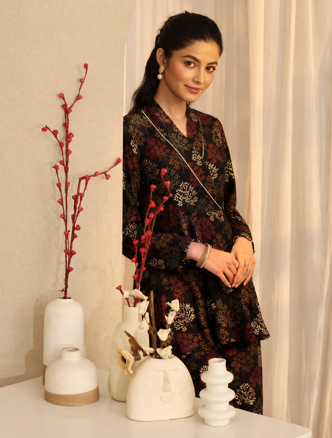 Black Ethnic Printed Chanderi Silk Set with Long-Sleeve Co-ord Set for Women