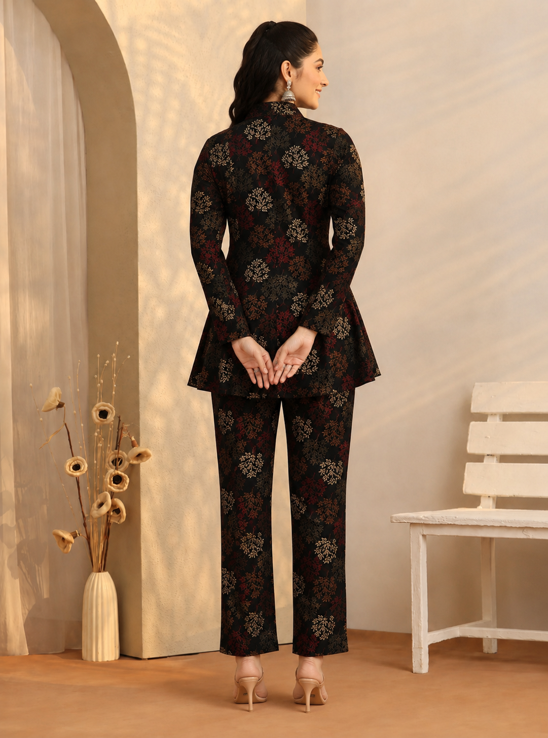 Black Ethnic Printed Chanderi Silk Set with Long-Sleeve Co-ord Set for Women