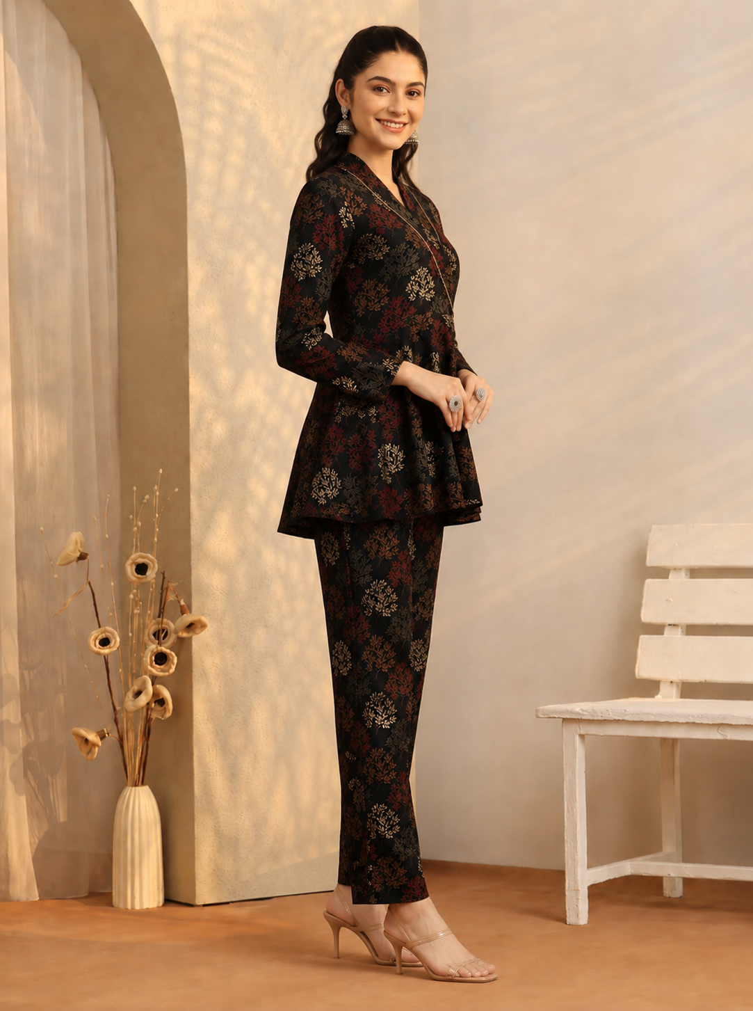 Black Ethnic Printed Chanderi Silk Set with Long-Sleeve Co-ord Set for Women
