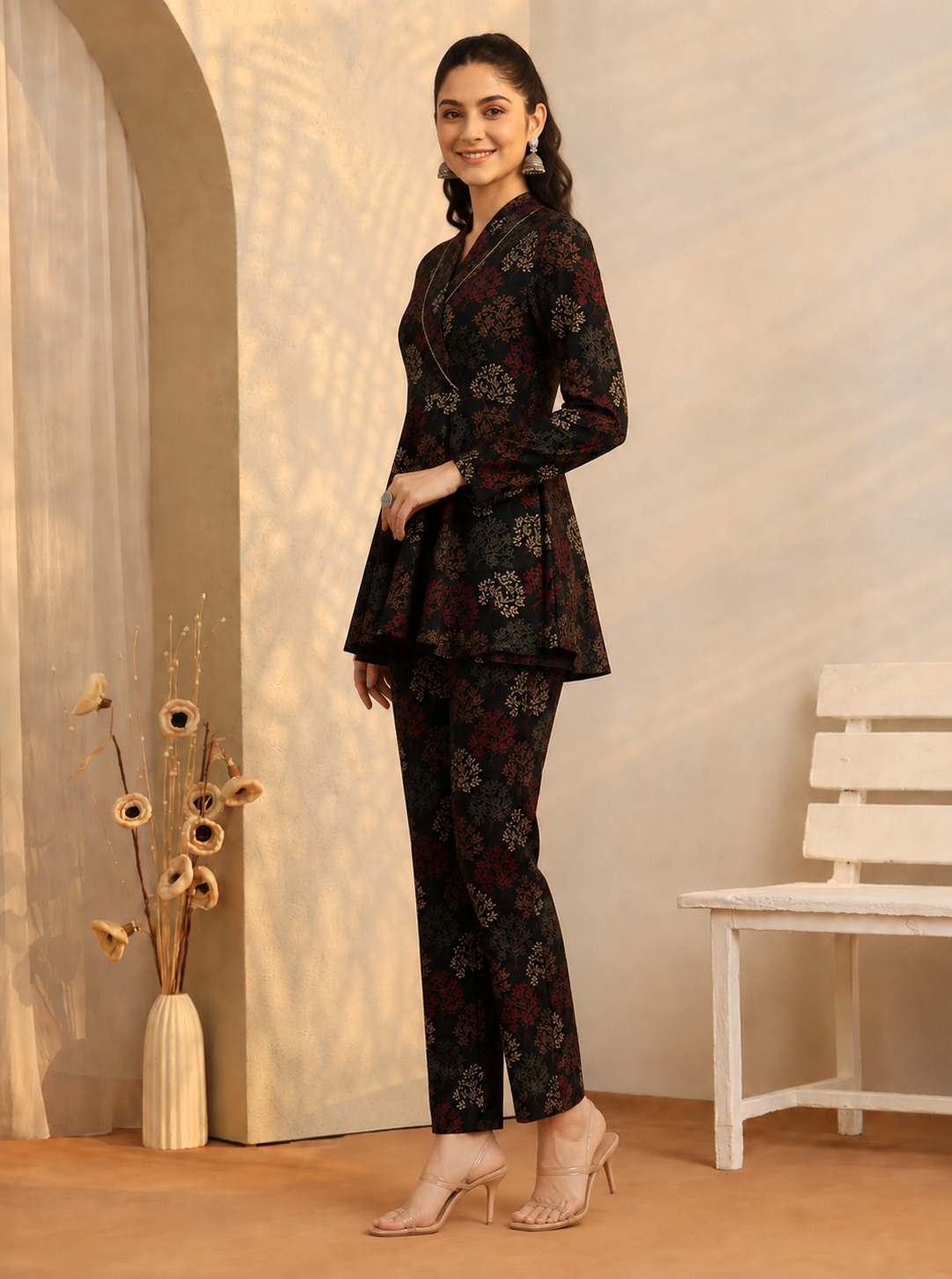 Black Ethnic Printed Chanderi Silk Set with Long-Sleeve Co-ord Set for Women