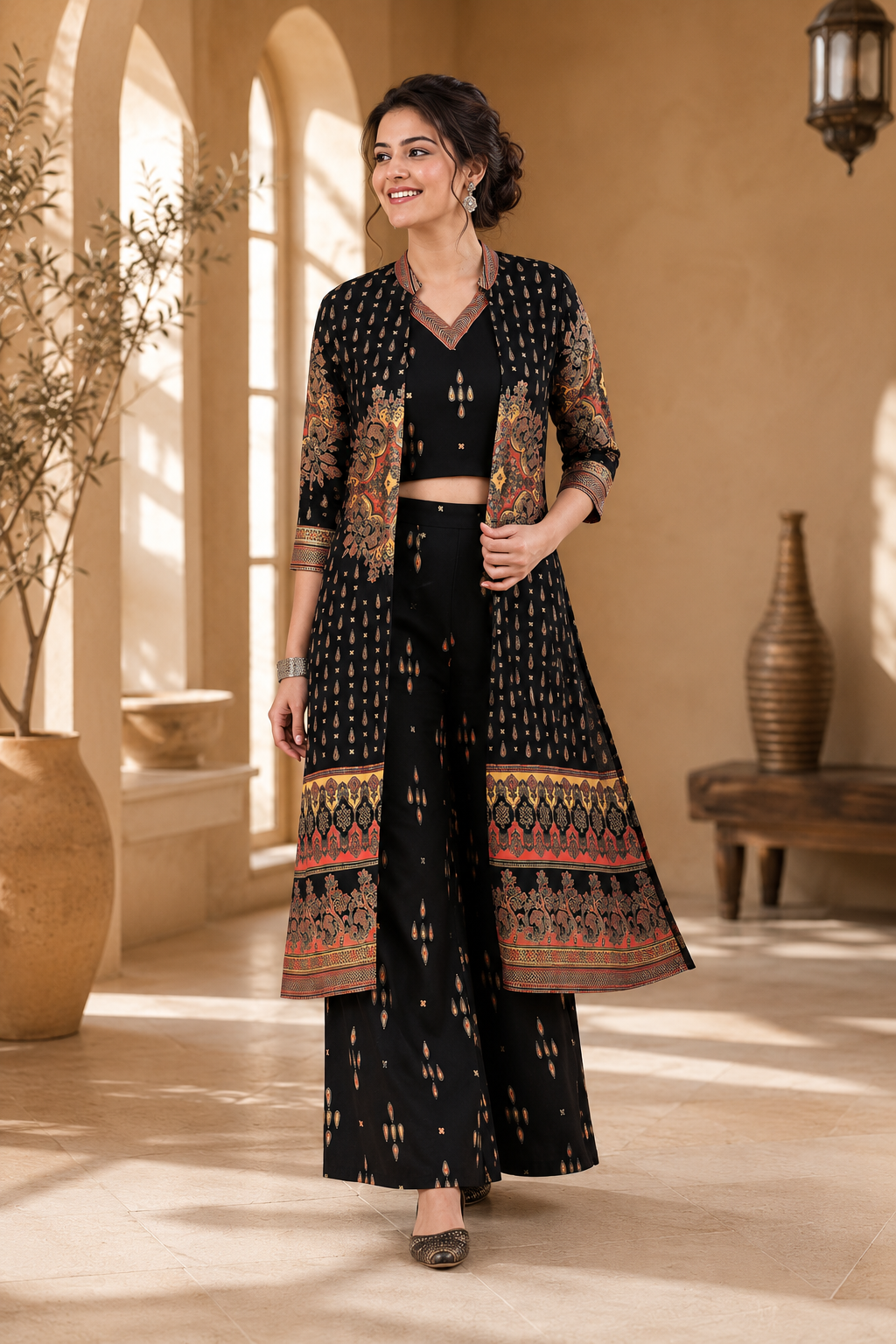 Black Ethnic Printed Viscose Rayon Co-Ord Set for Women | Claura