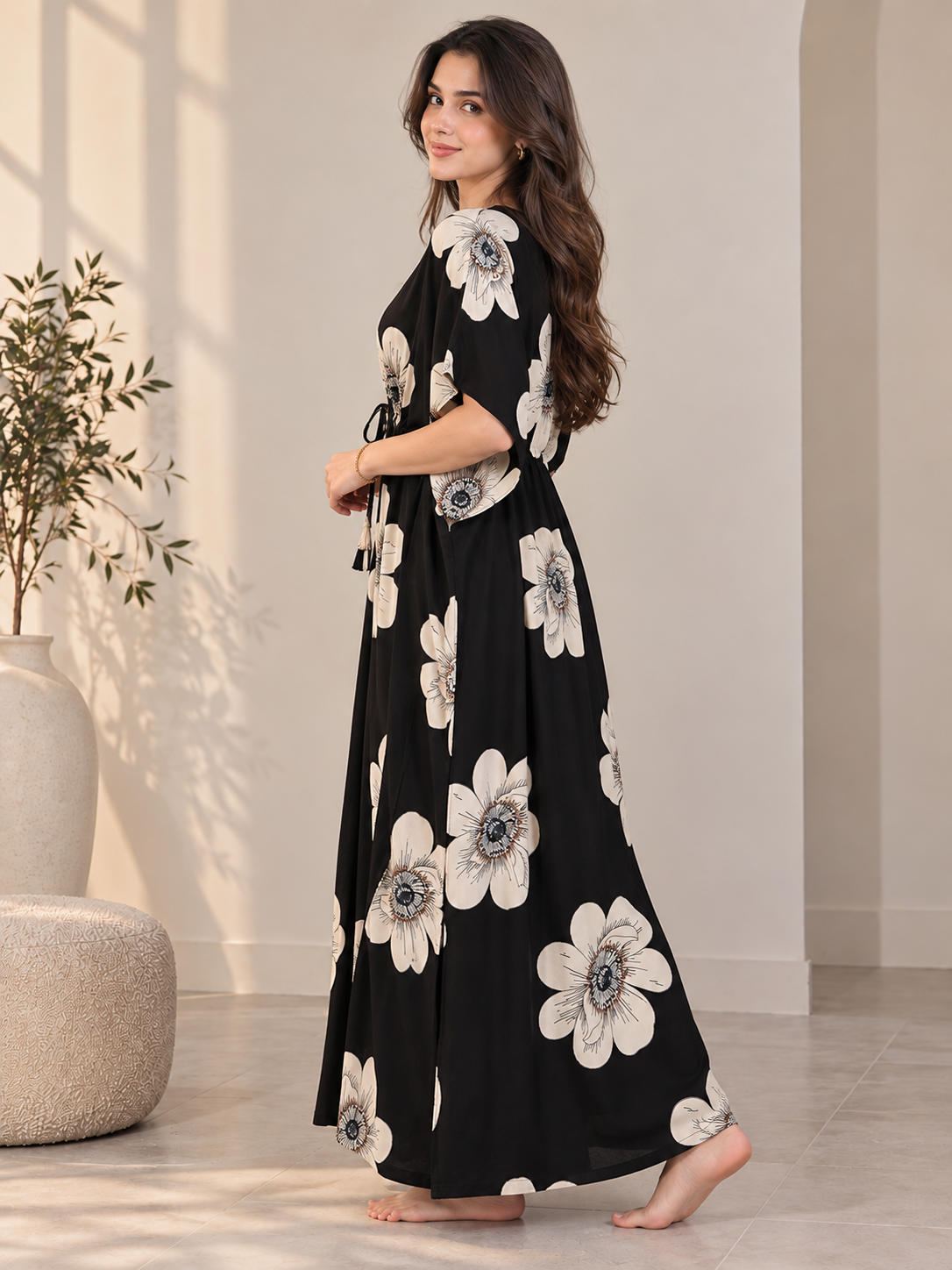 Black Floral Rayon Kaftan for Women | V-Neck | Claura
