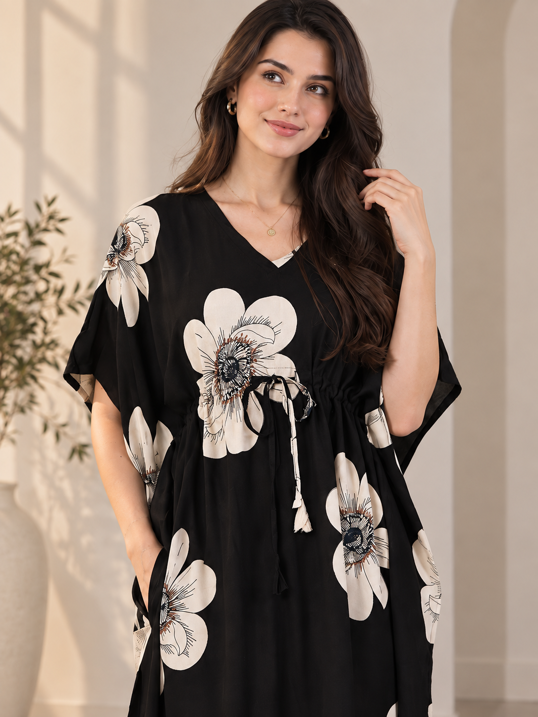 Black Floral Rayon Kaftan for Women | V-Neck | Claura