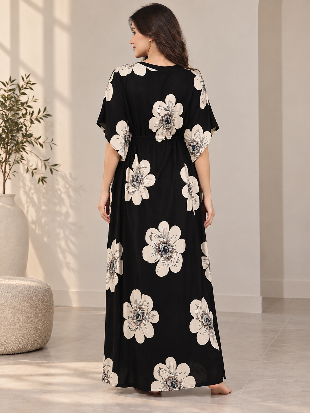 Black Floral Rayon Kaftan for Women | V-Neck | Claura